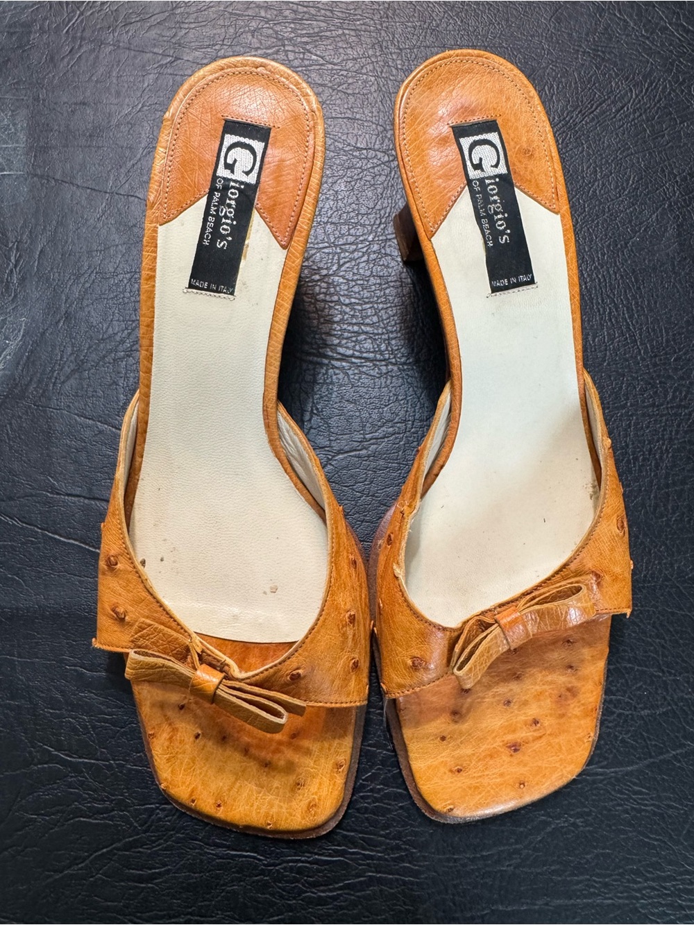 Giorgio’s Palm Beach Vintage Real Ostrich Leather Mules Heels Italy Tan Bow Sz 9